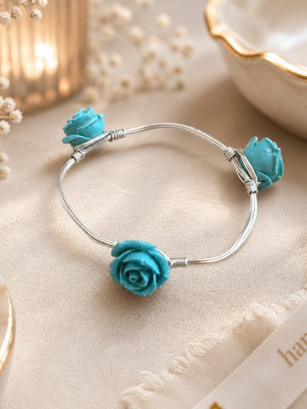 Wire Wrapped Turquoise Colored Roses and Silver Tone Bracelet NEW